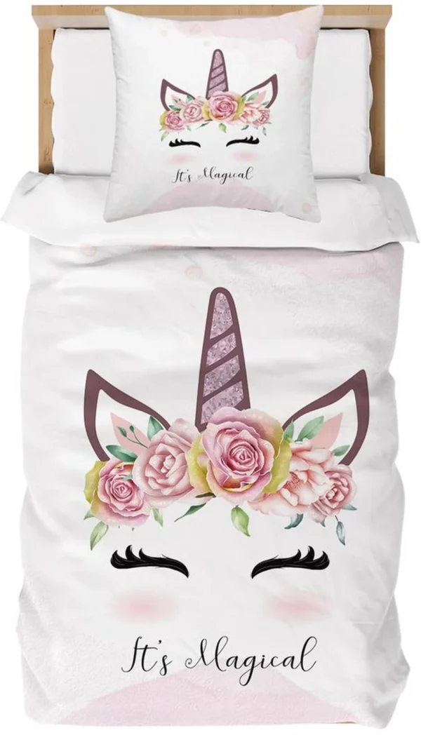 Unyqoos® Betoverend Kinderbeddengoed met Eenhoorn en Bloemen voor Meisjes, Zacht Microvezel, 2-Delig Set