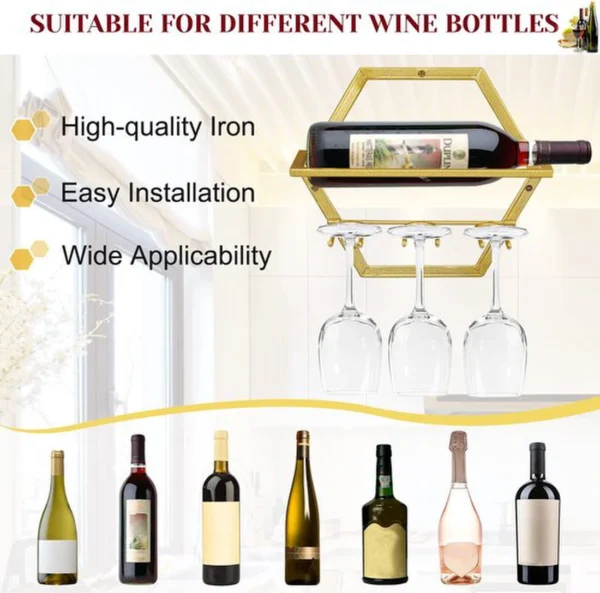 Unyqoos® Goudkleurige wandgemonteerde wijnhouder met ruimtebesparend design voor thuis