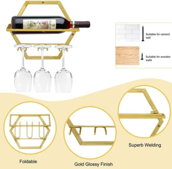 Unyqoos® Goudkleurige wandgemonteerde wijnhouder met ruimtebesparend design voor thuis