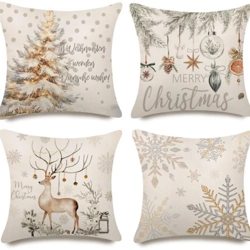 Unyqoos® Set van 4 decoratieve linnen kussenhoezen met kerstmotieven voor een feestelijke sfeer