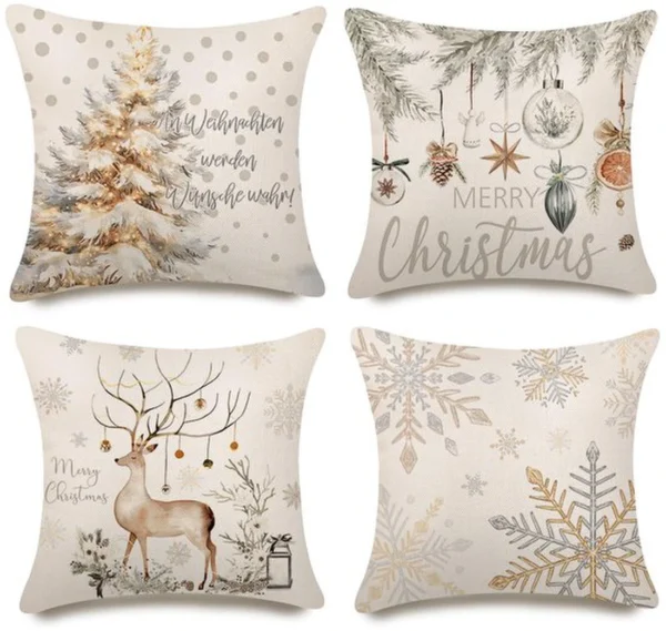 Unyqoos® Set van 4 decoratieve linnen kussenhoezen met kerstmotieven voor een feestelijke sfeer