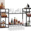 Unyqoos® Zwart metalen wandwijnrek met glazen houders voor huisbar en keuken