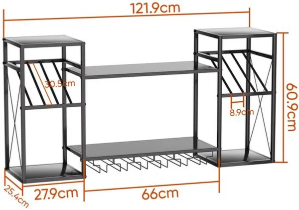 Unyqoos® Zwart metalen wandwijnrek met glazen houders voor huisbar en keuken