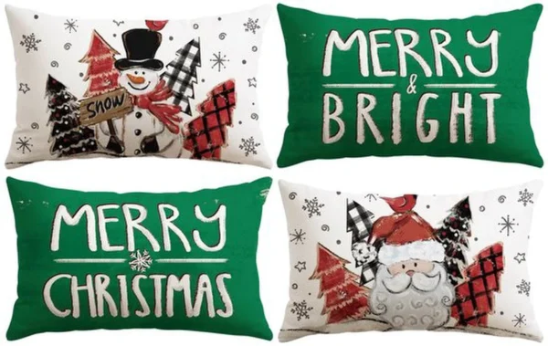 P-87213236207070-20260406113429.webp Unyqoos® Set van vier decoratieve kerst kussenslopen met sneeuwpop en kerstman motief