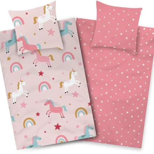 P-87213236272700-20260405105611.webp Unyqoos® Roze eenhoorn beddengoedset voor kinderen met regenboogmotief en ritssluiting