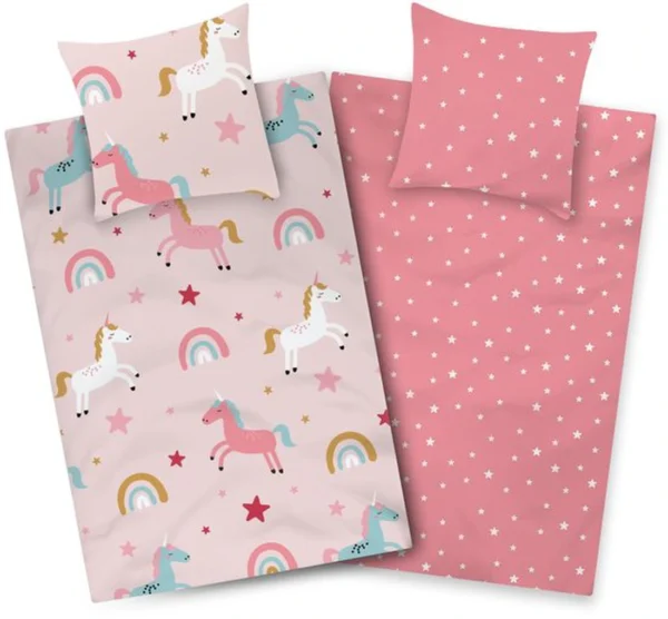 P-87213236272700-20260405105611.webp Unyqoos® Roze eenhoorn beddengoedset voor kinderen met regenboogmotief en ritssluiting