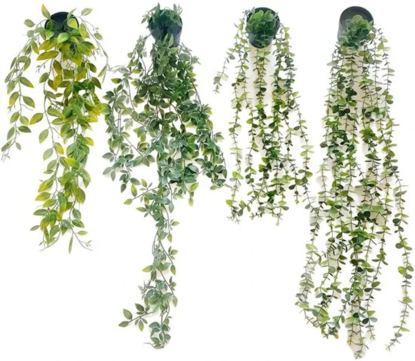 P-87213236303000-20260405141412.webp Unyqoos® Set van Vier Realistische Kunsthangplanten met Zwarte Potten voor Binnen en Buiten