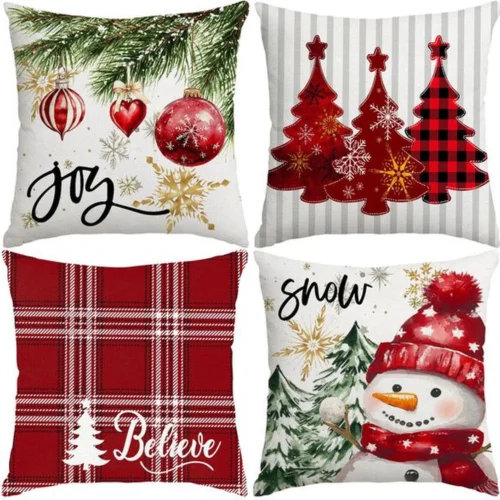 Unyqoos® Set van 4 Kerstkussenhoezen met Sneeuwpop en Plaid Motief voor Bank