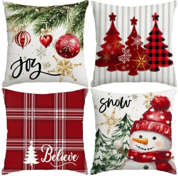 Unyqoos® Set van 4 Kerstkussenhoezen met Sneeuwpop en Plaid Motief voor Bank