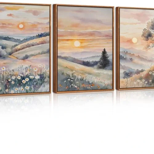 P-87213236489230-20260406123342.webp Unyqoos® Set van drie aquarel canvasprints in boho stijl met zonsondergang en bloemen