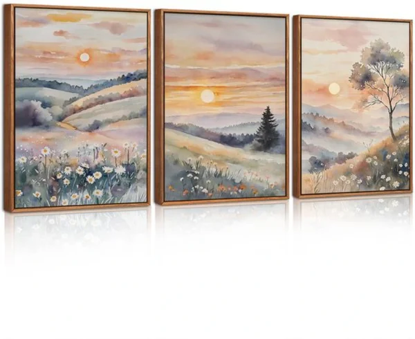 P-87213236489230-20260406123342.webp Unyqoos® Set van drie aquarel canvasprints in boho stijl met zonsondergang en bloemen