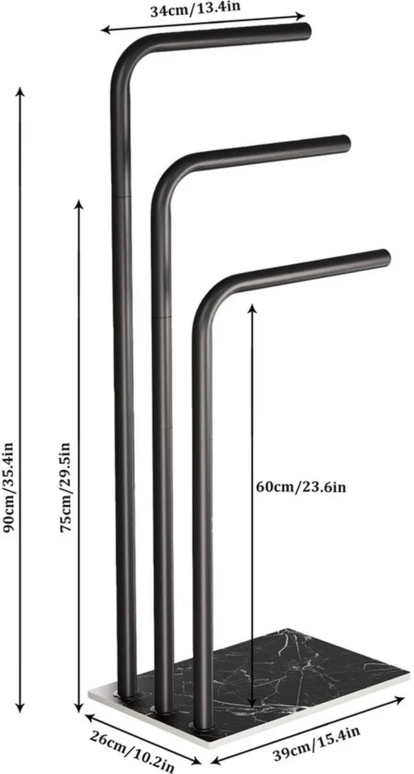 P-87213236525002-20260405181541.webp Unyqoos® Vrijstaande roestvrijstalen handdoekhouder met drie stangen en marmeren basis