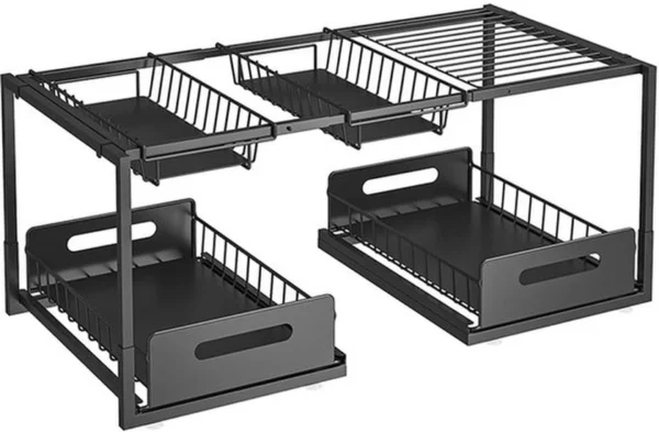Unyqoos® Uittrekbare Onderkast-Organizer voor Keuken en Badkamer met Verstelbare Niveaus in Zwart Staal