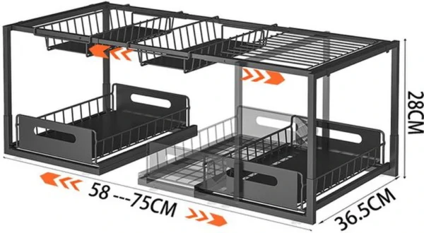 Unyqoos® Uittrekbare Onderkast-Organizer voor Keuken en Badkamer met Verstelbare Niveaus in Zwart Staal