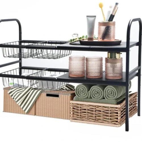 Unyqoos® Aanpasbaar en stevig opbergrek voor onder wastafel met manden