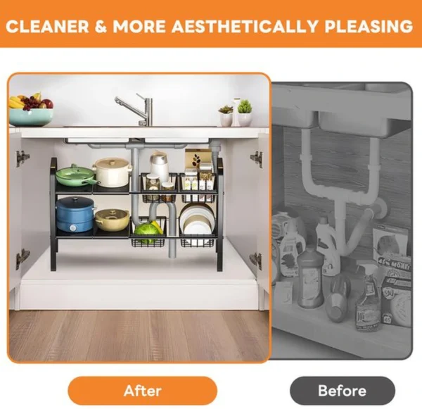 Unyqoos® Aanpasbaar en stevig opbergrek voor onder wastafel met manden