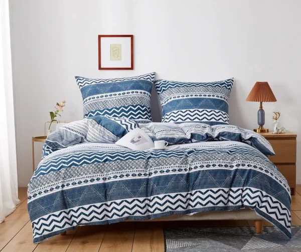 Unyqoos® Omkeerbare dekbedovertrekset in blauw-wit geometrisch patroon van microvezel 155 x 220
