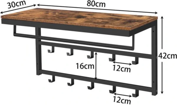 Unyqoos® Wandgemonteerde Kapstok met Plank en 10 Haken voor Diverse Ruimtes 80x30x42 cm
