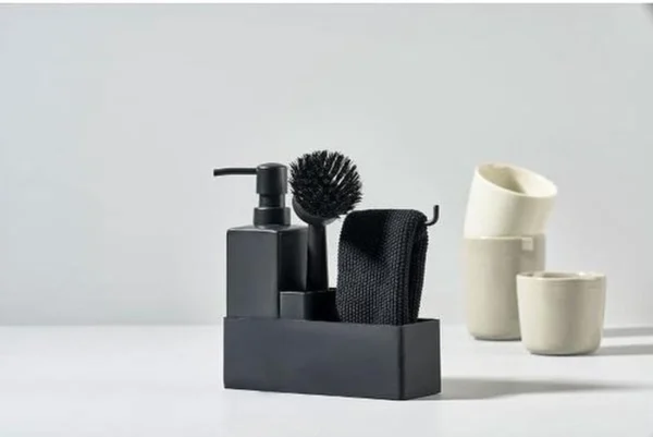 Unyqoos® Complete zwarte spoelset met zeepdispenser, afwasborstel en vaatdoek voor de keuken