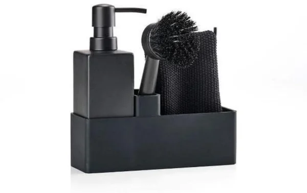 Unyqoos® Complete zwarte spoelset met zeepdispenser, afwasborstel en vaatdoek voor de keuken