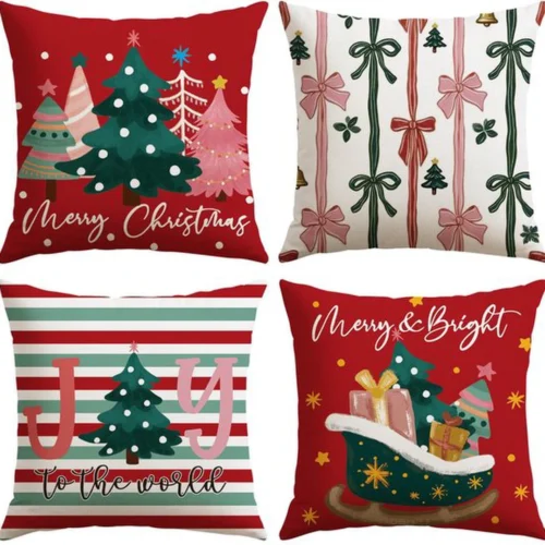 Unyqoos® Set van 4 decoratieve kerstkussenhoezen met winterse ontwerpen in rood
