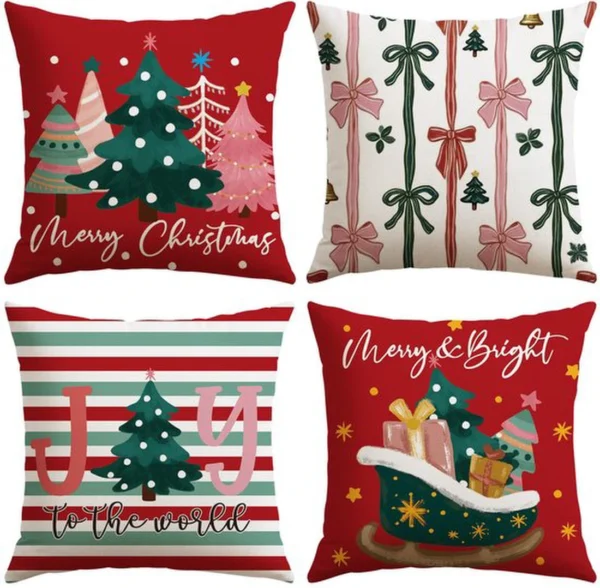 Unyqoos® Set van 4 decoratieve kerstkussenhoezen met winterse ontwerpen in rood