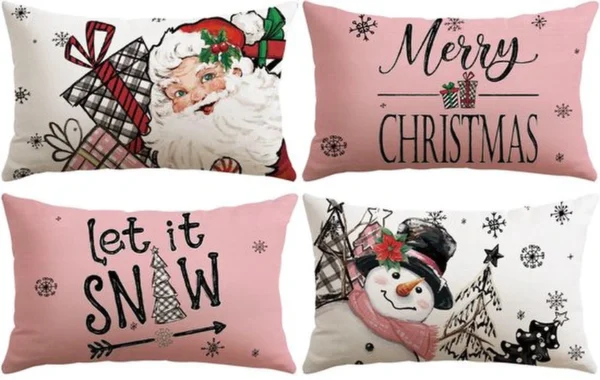 Unyqoos® Set van 4 decoratieve kerstkussenhoezen met sneeuwpop en kerstman motief