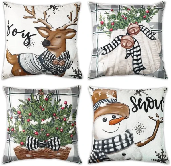 P-87213237010550-20260406113342.webp Unyqoos® Set van vier feestelijke kussenhoezen met rendier- en sneeuwpopmotief