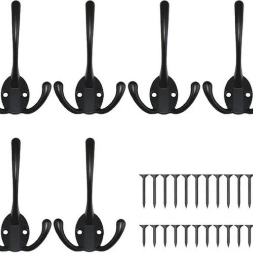 P-87213237028090-20260406115609.webp Unyqoos® Set van 6 zwarte retro wandhaken met drie haken voor diverse ruimtes