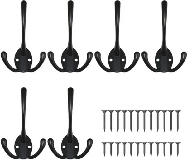 P-87213237028090-20260406115609.webp Unyqoos® Set van 6 zwarte retro wandhaken met drie haken voor diverse ruimtes
