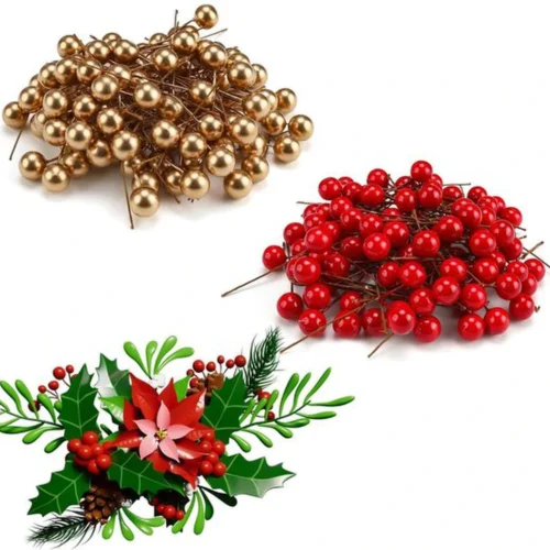 P-87213237086580-20260406092538.webp Unyqoos® Set van 200 kunstmatige bessen in goud en rood voor kerstdecoratie