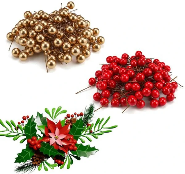 P-87213237086580-20260406092538.webp Unyqoos® Set van 200 kunstmatige bessen in goud en rood voor kerstdecoratie