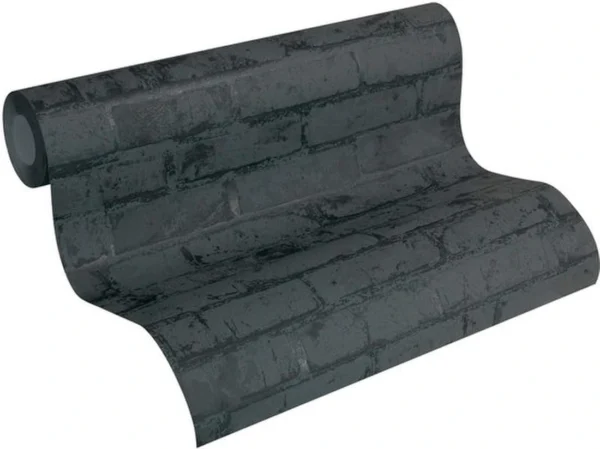 Unyqoos® Fotorealistisch vliesbehang in steenoptiek met metallic zwart baksteenpatroon 10,05 m x 0,53 m