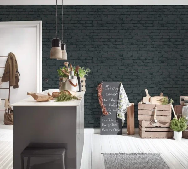 Unyqoos® Fotorealistisch vliesbehang in steenoptiek met metallic zwart baksteenpatroon 10,05 m x 0,53 m