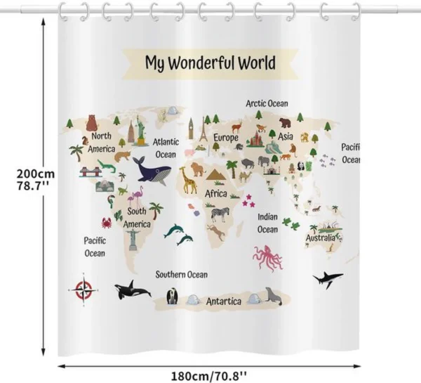 Unyqoos® Grappig Douchegordijn met Wereldkaart en Schattige Dierenmotieven voor Badkamerplezier