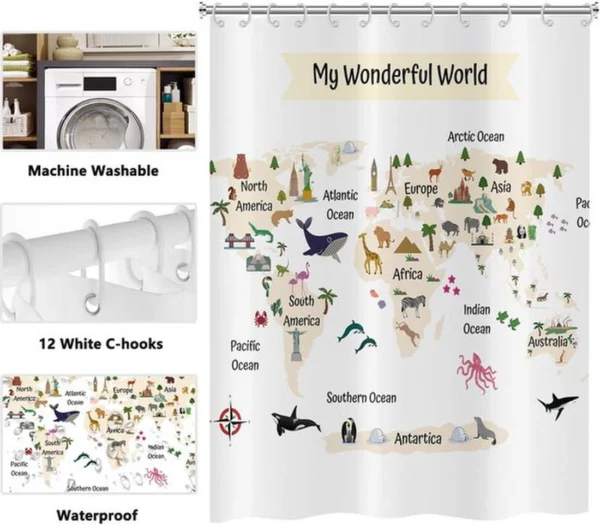 Unyqoos® Grappig Douchegordijn met Wereldkaart en Schattige Dierenmotieven voor Badkamerplezier