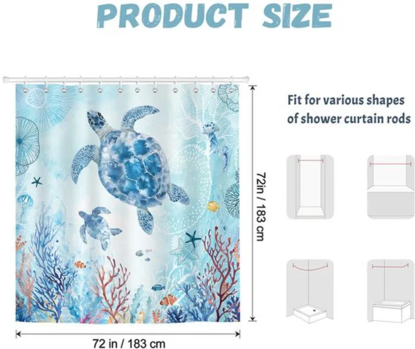 P-87213237286012-20260403113909.webp Unyqoos® Waterdicht douchegordijn met zeeschildpadden en koraalrif ontwerp voor badkamer