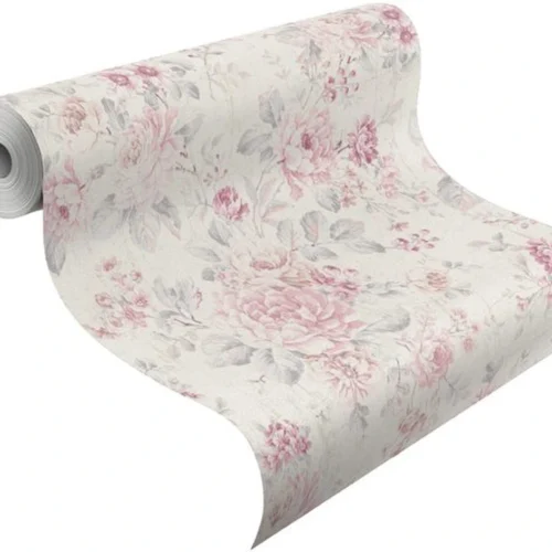 Unyqoos® Landelijk vliesbehang met bloemenpatroon in lichtgrijs en roze tinten, roze-lichtgrijs