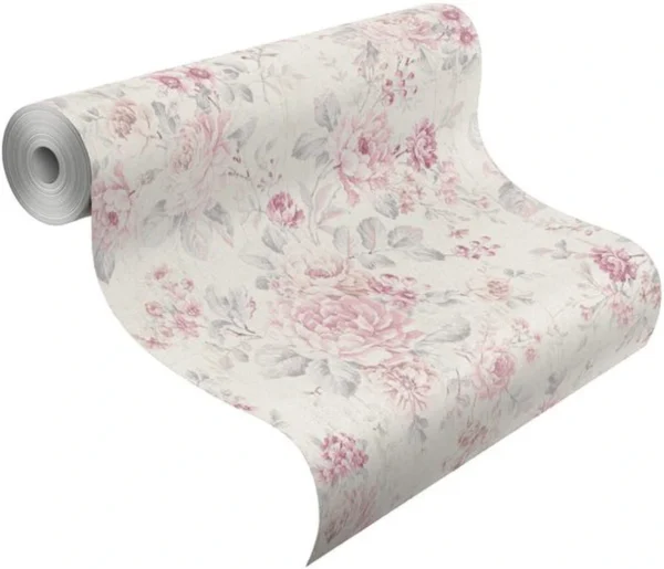 Unyqoos® Landelijk vliesbehang met bloemenpatroon in lichtgrijs en roze tinten, roze-lichtgrijs