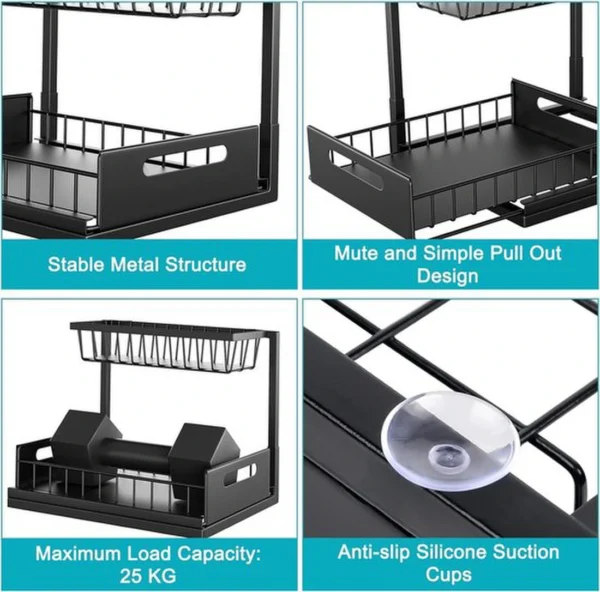 Unyqoos® Multifunctioneel Metalen Keuken- en Badkamer Opbergrek met Lade, Set van 2, Zwart