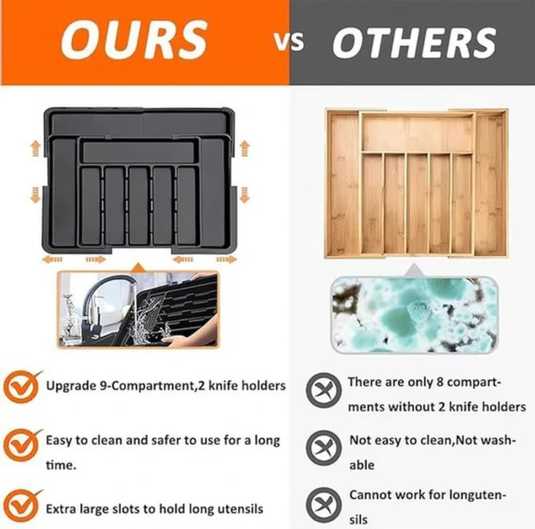 Unyqoos® Verstelbare en uitbreidbare besteklade organizer met messenhouders