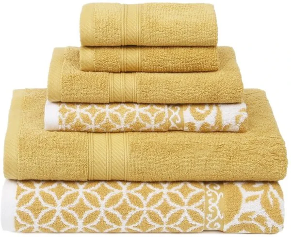 Unyqoos® Luxe 6-delige handdoekenset met omkeerbaar jacquard ontwerp in goud