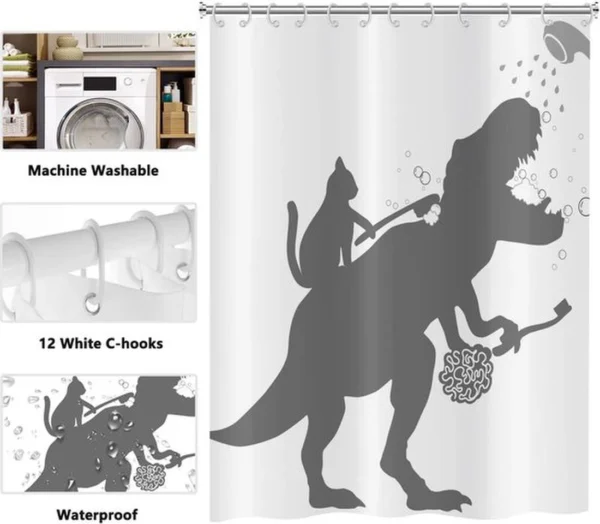 Unyqoos® Grappig Katten Dinosaurus Douchegordijn 180x200 cm met Waterdichte Polyester Stof en Inclusief Haken