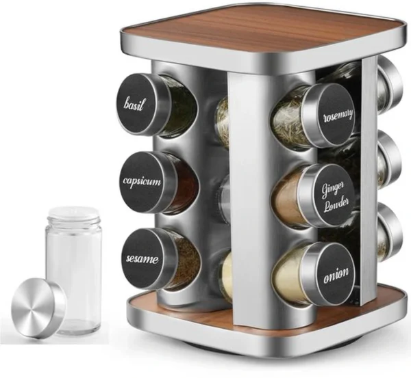 Unyqoos® Draaibaar kruidenrek met 12 glazen potjes en accessoires voor keukenorganisatie