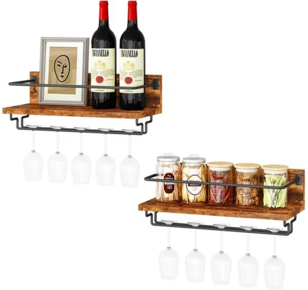 Unyqoos® Houten wandgemonteerd wijnrek met glazenhouder voor keuken en bar