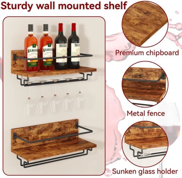 Unyqoos® Houten wandgemonteerd wijnrek met glazenhouder voor keuken en bar