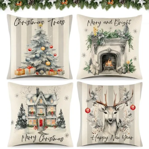P-87213237720550-20260406113444.webp Unyqoos® Set van 4 grijze linnen kussenslopen met kerstmotieven voor sfeervolle decoratie
