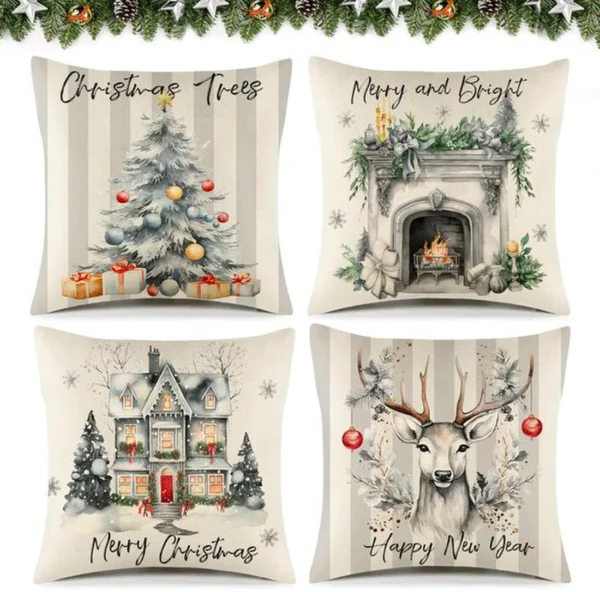 P-87213237720550-20260406113444.webp Unyqoos® Set van 4 grijze linnen kussenslopen met kerstmotieven voor sfeervolle decoratie