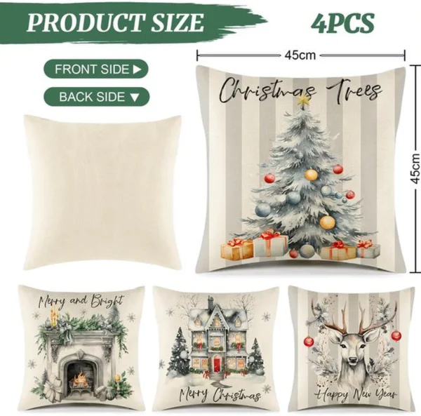 P-87213237720552-20260406113456.webp Unyqoos® Set van 4 grijze linnen kussenslopen met kerstmotieven voor sfeervolle decoratie