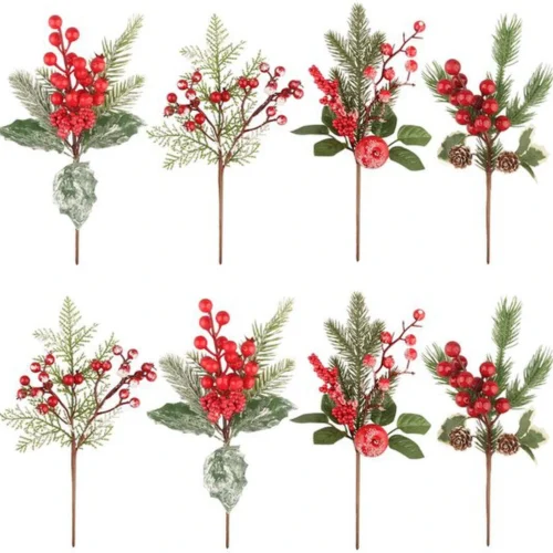 Unyqoos® Set van 8 decoratieve kunstkersttakken met rode bessen en dennenappels
